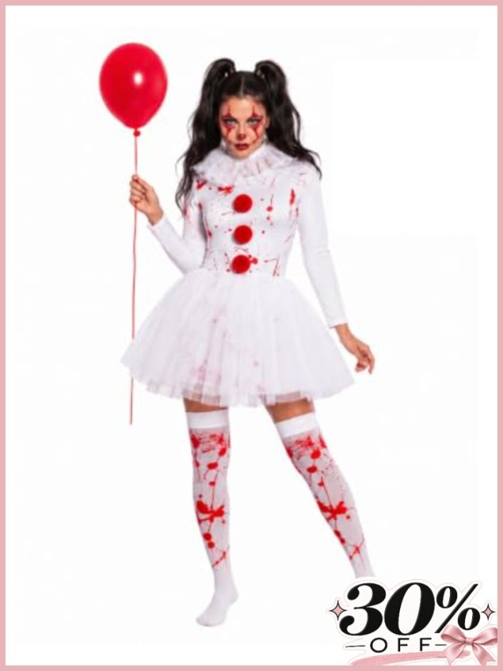 Scary Clown Costume Set Tutu Dress, Collar, Socks, Balloon